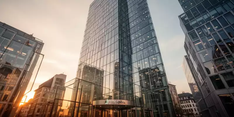 Moderne Glasfassade eines Bankhochhauses im Frankfurter Bankenviertel bei Sonnenuntergang. - Foto: über boerse-global.de