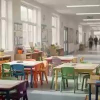 Ein moderner, heller Klassenraum einer Grundschule mit bunten Möbeln und Lernmaterialien. - Foto: über boerse-global.de