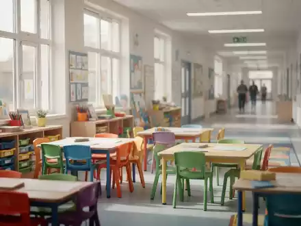 Ein moderner, heller Klassenraum einer Grundschule mit bunten Möbeln und Lernmaterialien. - Foto: über boerse-global.de