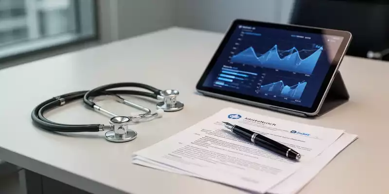Stethoskop und digitale Finanzgrafiken auf einem Schreibtisch in einer modernen Arztpraxis. - Foto: über boerse-global.de