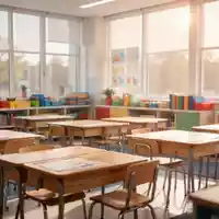 Ein heller, moderner Klassenraum einer Grundschule mit leeren Schreibtischen und Lernmaterialien. - Foto: über boerse-global.de