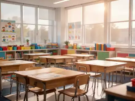 Ein heller, moderner Klassenraum einer Grundschule mit leeren Schreibtischen und Lernmaterialien. - Foto: über boerse-global.de