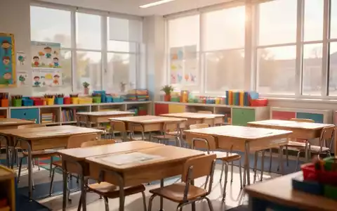 Ein heller, moderner Klassenraum einer Grundschule mit leeren Schreibtischen und Lernmaterialien. - Foto: über boerse-global.de