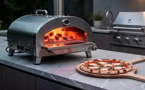 Moderner Pizzaofen auf einer Steinarbeitsplatte mit einer frisch gebackenen Pizza auf einem Holzschieber. - Foto: über boerse-global.de