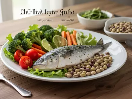 Gesunde, ausgewogene Mahlzeit mit frischem Gemüse, Fisch und Hülsenfrüchten auf einem Holztisch. - Foto: über boerse-global.de