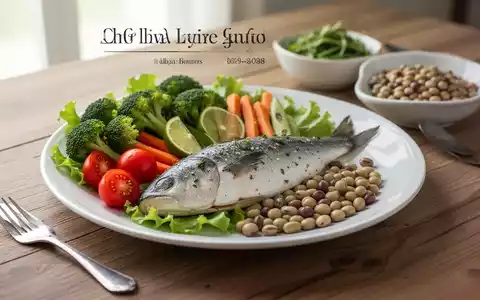 Gesunde, ausgewogene Mahlzeit mit frischem Gemüse, Fisch und Hülsenfrüchten auf einem Holztisch. - Foto: über boerse-global.de