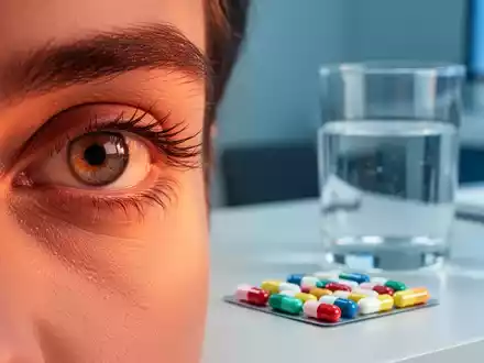 Nahaufnahme eines menschlichen Auges neben Nahrungsergänzungskapseln und einem Glas Wasser auf einem modernen Schreibtisch. - Foto: über boerse-global.de
