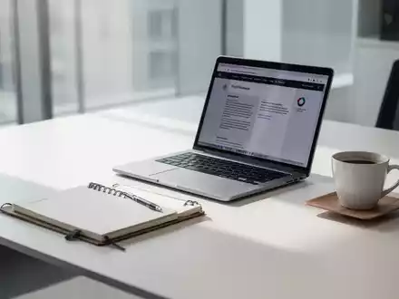 Ein moderner, aufgeräumter Schreibtisch mit einem Laptop und Notizbuch in einer professionellen Büroumgebung. - Foto: über boerse-global.de