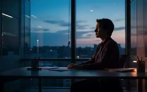Silhouette einer nachdenklichen Person an einem Schreibtisch in einem abgedunkelten Büro bei Dämmerung. - Foto: über boerse-global.de