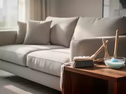 Ein helles, modernes Wohnzimmer mit einem sauberen Stoffsofa und professionellen Reinigungsutensilien auf einem Beistelltisch. - Foto: über boerse-global.de