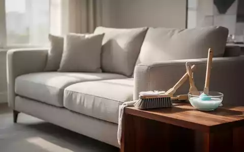 Ein helles, modernes Wohnzimmer mit einem sauberen Stoffsofa und professionellen Reinigungsutensilien auf einem Beistelltisch. - Foto: über boerse-global.de