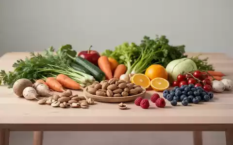 Frische, gesunde Lebensmittel wie Gemüse und Nüsse auf einem minimalistischen Holztisch als Symbol für bewusste Ernährung. - Foto: über boerse-global.de