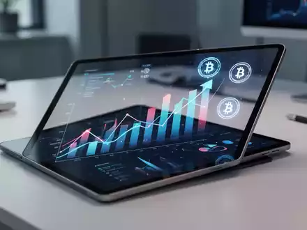 Digitales Tablet mit abstrakten Finanzcharts und Kryptowährungssymbolen in einer modernen Büroumgebung. - Foto: über boerse-global.de