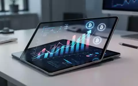 Digitales Tablet mit abstrakten Finanzcharts und Kryptowährungssymbolen in einer modernen Büroumgebung. - Foto: über boerse-global.de