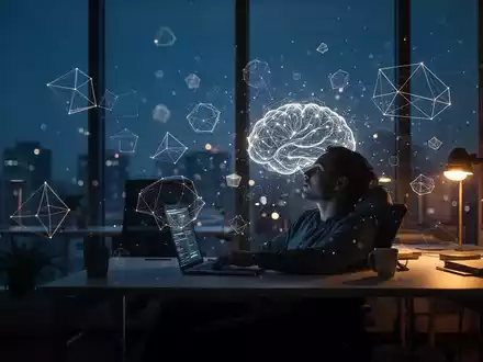 Ein Mensch in einer nächtlichen Arbeitsumgebung, umgeben von abstrakten Lichtmustern, die kognitive Prozesse symbolisieren. - Foto: über boerse-global.de