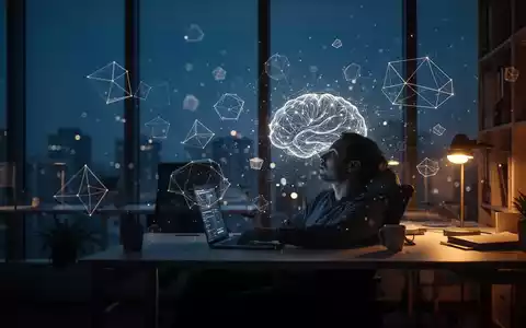 Ein Mensch in einer nächtlichen Arbeitsumgebung, umgeben von abstrakten Lichtmustern, die kognitive Prozesse symbolisieren. - Foto: über boerse-global.de