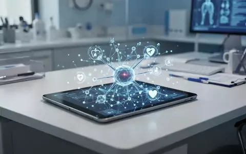 Digitales Tablet auf einem Schreibtisch mit abstrakten neuronalen Netzwerken und medizinischen Symbolen für eine KI-Analyse. - Foto: über boerse-global.de