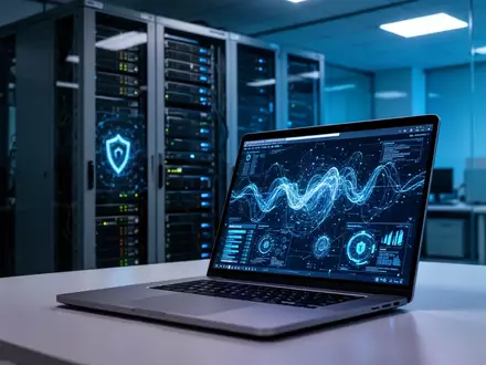 Ein Laptop-Bildschirm zeigt komplexe Cybersicherheits-Datenvisualisierungen in einem professionellen Büro. - Foto: über boerse-global.de