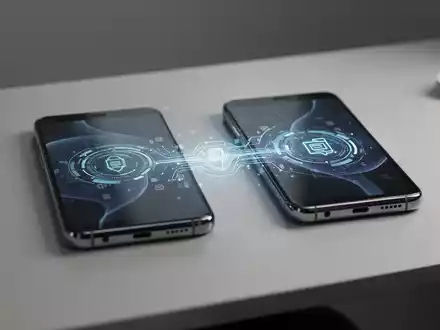 Zwei High-End-Smartphones auf einem Schreibtisch mit digitaler Schnittstellenbrücke für nahtlosen Datentransfer. - Foto: über boerse-global.de