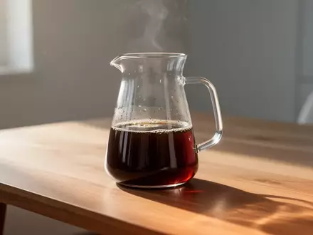 Eine Glaskaraffe mit frisch gebrühtem Filterkaffee auf einem Holztisch in hellem, natürlichem Licht. - Foto: über boerse-global.de