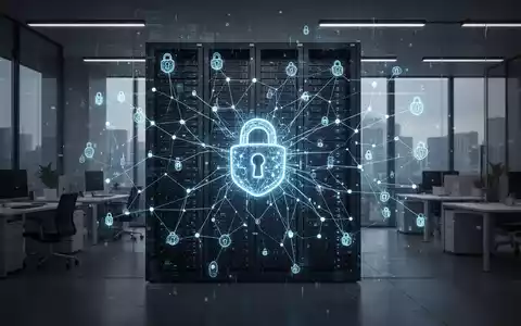 Abstraktes Bild eines digitalen Netzwerks vor Server-Racks, das Datensicherheit und KI-Strukturen symbolisiert. - Foto: über boerse-global.de