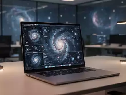 Moderner Arbeitsplatz mit Laptop, der astronomische Datenvisualisierungen und Sternbilder fĂŒr eine FachprĂ€sentation zeigt. - Foto: ĂŒber boerse-global.de