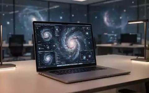 Moderner Arbeitsplatz mit Laptop, der astronomische Datenvisualisierungen und Sternbilder für eine Fachpräsentation zeigt. - Foto: über boerse-global.de