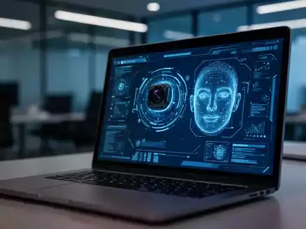 Ein Laptop-Bildschirm mit einer biometrischen Gesichtserkennungsschnittstelle in einem modernen Büro. - Foto: über boerse-global.de