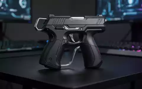 Eine ergonomische, pistolenförmige Vertikalmaus auf einem Schreibtisch mit professioneller Beleuchtung. - Foto: über boerse-global.de