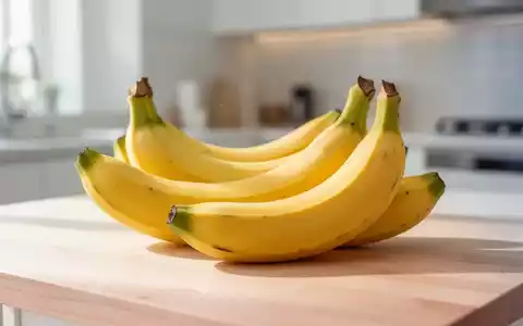 Frische Bananen auf einem hellen Holztisch in einer modernen Küche bei natürlichem Licht. - Foto: über boerse-global.de