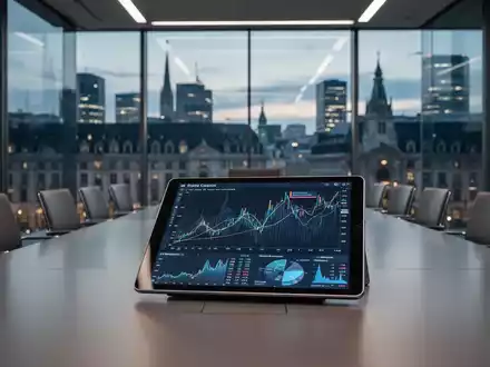Digitale Risikoanalyse-Grafiken auf einem Tablet in einem modernen Konferenzraum mit Blick auf ein Finanzviertel. - Foto: über boerse-global.de