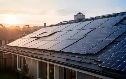 Moderne Photovoltaikanlage auf einem Hausdach bei Sonnenuntergang als Symbol für die Energiewende. - Foto: über boerse-global.de