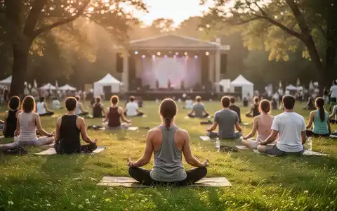 Menschen bei einer Yoga- und Achtsamkeitsübung auf einer grünen Wiese während eines Wellness-Festivals bei Sonnenuntergang. - Foto: über boerse-global.de