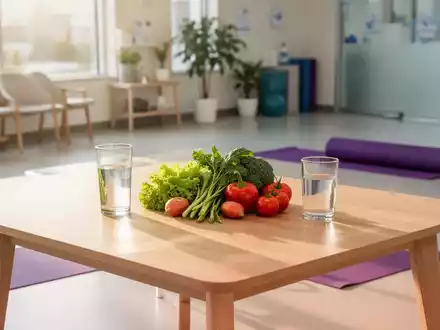 Ein heller, moderner Raum für Gesundheitskurse mit frischem Gemüse und einer Yogamatte als Symbol für Prävention. - Foto: über boerse-global.de