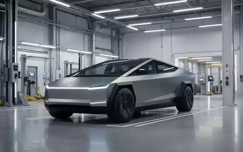 Ein schlankes, futuristisches Tesla-Cybercab-Autonomfahrzeug in einer modernen High-Tech-Wartungshalle. - Foto: über boerse-global.de