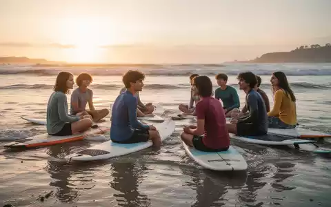 Jugendliche sitzen bei Sonnenuntergang auf Surfbrettern im flachen Wasser als Teil einer therapeutischen Surf-Einheit. - Foto: über boerse-global.de