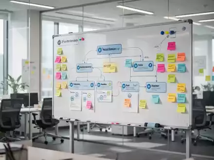 Digitales Whiteboard mit agilen Projektmanagement-Strukturen und Haftnotizen in einem modernen Büro. - Foto: über boerse-global.de