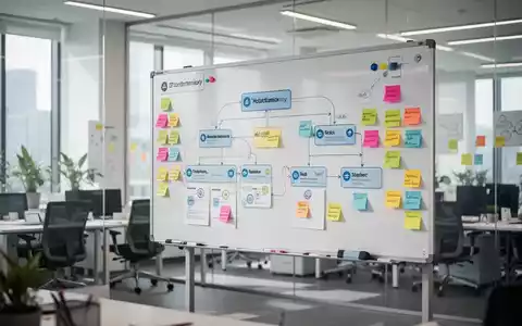 Digitales Whiteboard mit agilen Projektmanagement-Strukturen und Haftnotizen in einem modernen Büro. - Foto: über boerse-global.de