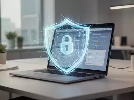 Ein Laptop-Bildschirm zeigt digitale Sicherheitsgrafiken in einem professionellen Büroumfeld. - Foto: über boerse-global.de