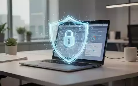 Ein Laptop-Bildschirm zeigt digitale Sicherheitsgrafiken in einem professionellen Büroumfeld. - Foto: über boerse-global.de