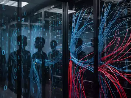 Dunkler Serverraum mit leuchtenden Datenkabeln als Symbol für Cyber-Bedrohungen und digitale Sicherheit. - Foto: über boerse-global.de