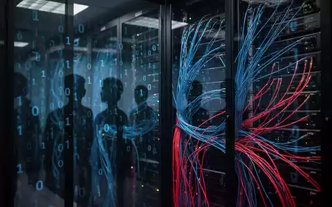 Dunkler Serverraum mit leuchtenden Datenkabeln als Symbol für Cyber-Bedrohungen und digitale Sicherheit. - Foto: über boerse-global.de