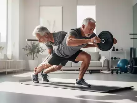 Eine sportliche Person über 50 führt in einem modernen Raum fokussiert Kraftübungen aus. - Foto: über boerse-global.de