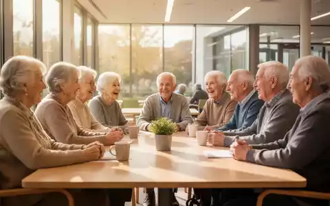 Eine Gruppe älterer Menschen sitzt in einem hellen, modernen Raum zusammen und unterhält sich lebhaft. - Foto: über boerse-global.de