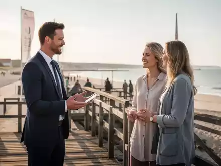 Recruiter im Beratungsgespräch mit Urlaubern an einer Küstenpromenade in Mecklenburg-Vorpommern zur Fachkräftegewinnung. - Foto: über boerse-global.de