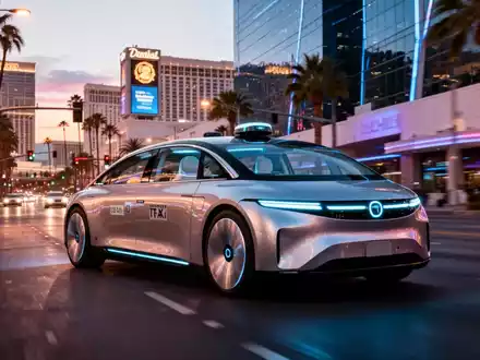 Ein futuristisches autonomes Robotaxi fährt bei Dämmerung auf einer modernen Straße in Las Vegas. - Foto: über boerse-global.de