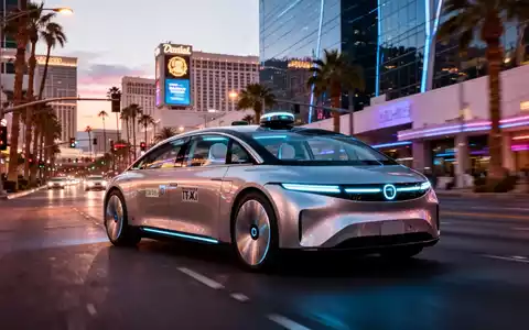 Ein futuristisches autonomes Robotaxi fährt bei Dämmerung auf einer modernen Straße in Las Vegas. - Foto: über boerse-global.de