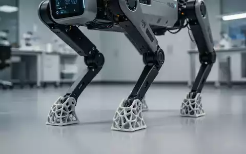 Hochmoderner vierbeiniger Roboterhund mit detaillierten 3D-gedruckten Füßen in einem modernen Labor. - Foto: über boerse-global.de