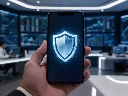 Ein Smartphone mit einem digitalen Schutzschild-Symbol auf dem Display vor einem modernen, verschwommenen Büro-Hintergrund. - Foto: über boerse-global.de