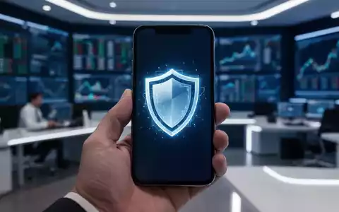 Ein Smartphone mit einem digitalen Schutzschild-Symbol auf dem Display vor einem modernen, verschwommenen Büro-Hintergrund. - Foto: über boerse-global.de